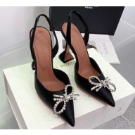 Amina Muaddi Heel 9.5cm Rosie Sling Satin Black with Crystal embellished bow accessory