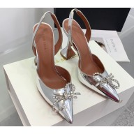Amina Muaddi Heel 9.5cm Rosie Sling Silver Mirror with Crystal embellished bow accessory