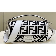 Fendi Medium Baguette bag in White/Black canvas with FF embroidery