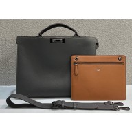 Fendi Peekaboo Iseeu Medium Bag in Selleria Leather 7VA529 Dark Gray/Brown