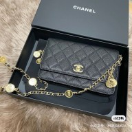 CHANEL BLACK Grained Calfskin & Gold-Tone Metal Wallet on Chain 2022