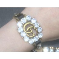 Gucci Double G Leather Bracelet with White Crystals 553393