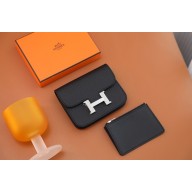 Hermes epsom leather Constance Slim Wallet with belt handmade noir/silver (original quality)
