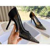 Jimmy Choo High Heel Love 85 Mesh Pointed-Toe Pumps Black/Silver with Dégradé Crystals 2024