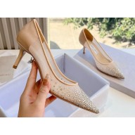 Jimmy Choo Mid Heel Love Mesh Pointed-Toe Pumps Nude with Dégradé Crystals 2024