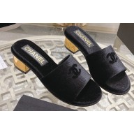 Chanel Gold Heel CC Logo Fabric Mules Black 2024
