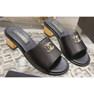 Chanel Gold Heel CC Logo Lambskin Mules Black 2024