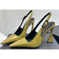 Saint Laurent Heel 10.5cm Kiki patent leather slingback pumps Green 2024