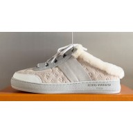 Louis Vuitton Lous Open Back Sneakers Monogram-debossed suede calf leather and shearling Beige Top Quality