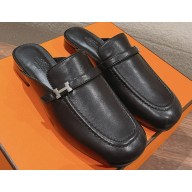 Hermes Groupie mules Black in goatskin with palladium-plated Paris buckle
