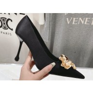 Jimmy Choo Heel 9.5cm Ixia 95 Black Satin Pumps with Metal Flowers 2024