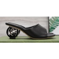 Gucci Heel 6cm Interlocking G heel Slide sandals 772569 Leather Black 2024