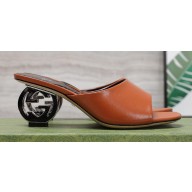 Gucci Heel 6cm Interlocking G heel Slide sandals 772569 Leather Brown 2024