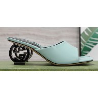 Gucci Heel 6cm Interlocking G heel Slide sandals 772569 Leather Light Green 2024