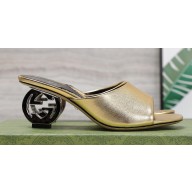Gucci Heel 6cm Interlocking G heel Slide sandals 772569 Leather Gold 2024