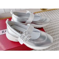 Roger Vivier Heel 7.5cm Viv' Run Strass Buckle Ballerinas in Technical Fabric Silver 2024