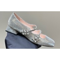 Roger Vivier Heel 3cm Trés Vivier Strass Buckle Mini Babies Ballerinas in Glitter Gray 2024