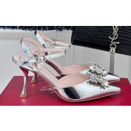 Roger Vivier Heel 8.5cm Bouquet Strass Buckle Sandals in Patent Leather Silver 2024