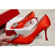 Roger Vivier Heel 8.5cm RV Bouquet Strass Buckle Pumps in Satin Red 2024