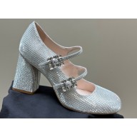 Roger Vivier Heel 8cm Trés Vivier Strass Buckle Mini Babies Ballerinas in Glitter Silver 2024