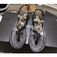 Chanel Heel 3cm Lambskin Crystal and Pearl Thong Sandals Black 2024