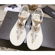 Chanel Heel 3cm Lambskin Crystal and Pearl Thong Sandals White 2024