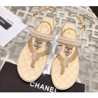Chanel Heel 3cm Lambskin CC Logo and Pearl Thong Sandals Beige 2024
