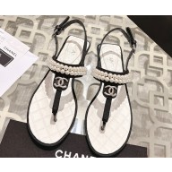 Chanel Heel 3cm Lambskin CC Logo and Pearl Thong Sandals Black 2024