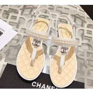 Chanel Heel 3cm Lambskin CC Logo and Pearl Thong Sandals White 2024