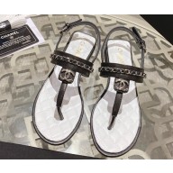 Chanel Lambskin CC Logo Chain Thong Sandals Black 2024