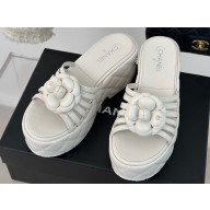 Chanel Lambskin tubular Platform Mules with Camellia White 2024
