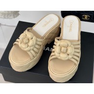 Chanel Lambskin tubular Platform Mules with Camellia Beige 2024