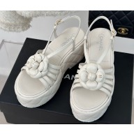 Chanel Lambskin tubular Platform Sandals with Camellia White 2024