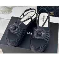 Chanel Lambskin tubular Platform Sandals with Camellia Black 2024