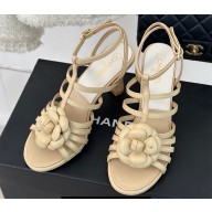 Chanel Lambskin tubular Heel Sandals with Camellia Beige 2024