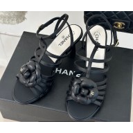 Chanel Lambskin tubular Heel Sandals with Camellia Black 2024