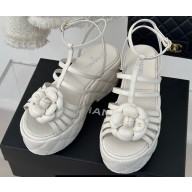 Chanel Lambskin tubular Platform Sandals with Ankle Strap and Camellia White 2024