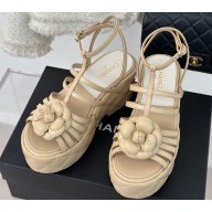 Chanel Lambskin tubular Platform Sandals with Ankle Strap and Camellia Beige 2024