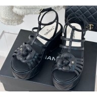 Chanel Lambskin tubular Platform Sandals with Ankle Strap and Camellia Black 2024