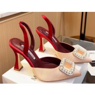 Manolo Blahnik Heel 9cm Prietasli Crystal and Pearl Buckle Satin Slingback Pumps Beige