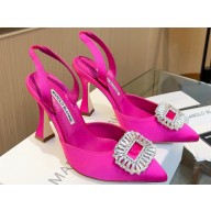 Manolo Blahnik Heel 9cm Prietasli Crystal Buckle Satin Slingback Pumps Fuchsia