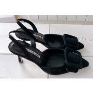 Manolo Blahnik Heel 7cm MAYSLI Suede Buckle Slingback Mules Black