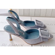 Manolo Blahnik Heel 7cm MAYSLI Suede Buckle Slingback Mules Light Gray