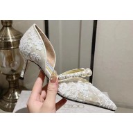 Jimmy Choo Heel 6.5cm Aurelie 65 Pointed Pumps Lace White with Pearl Embellishment 2024