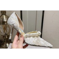 Jimmy Choo Heel 8.5cm Aurelie 85 Pointed Pumps Lace White with Pearl Embellishment 2024