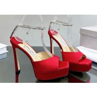 Jimmy Choo Platform 125 Saeda Sandals Satin Red with Crystal Embellishment 2024