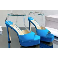 Jimmy Choo Platform 125 Saeda Sandals Satin Blue with Crystal Embellishment 2024
