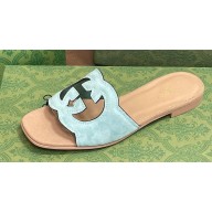 Gucci Women's Interlocking G cut-out Slide sandals 694451 Pale green and light brown suede 2024