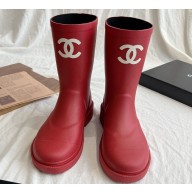 Cheap Sale Chanel CC Logo Rubber Rain Ankle Boots Red
