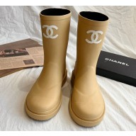 Cheap Sale Chanel CC Logo Rubber Rain Ankle Boots Beige